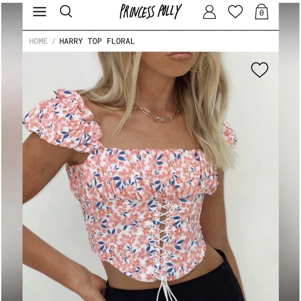 Princess Polly Pink Floral Corset Top Puff Sleeve Lace-up Front Size 4